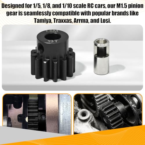 M1.5 13T Pinion Gear 8mm Bore with 8mm to 5mm Shaft Adapter Sleeve, Chromium Steel Motor Gear with Set Screw & Hex Key for Traxxas ARRMA Losi 1/5 1/8 RC Cars - size: 13T
