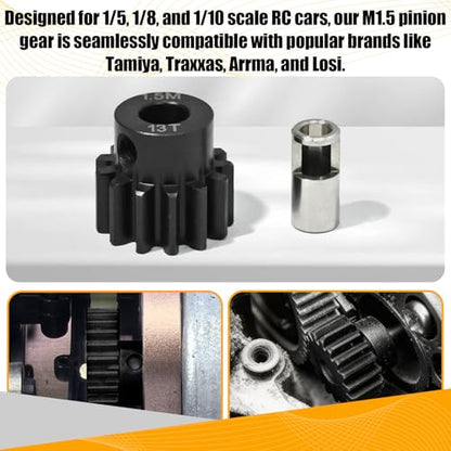M1.5 13T Pinion Gear 8mm Bore with 8mm to 5mm Shaft Adapter Sleeve, Chromium Steel Motor Gear with Set Screw & Hex Key for Traxxas ARRMA Losi 1/5 1/8 RC Cars - size: 13T
