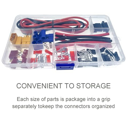 104pcs T-Plug EC3 XT60 Male Female Connector Adapters & Servo Plug Male Female Connector Crimp Pin Cable Kit +14AWG Silicone Wire for RC Battery Charger ESC Motor Accessories