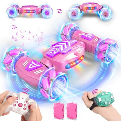 Nicella Gesture Sensing RC Stunt Car, Remote Control Car 360° Rotating 4WD 2.4Ghz RC Cars Transform Hand Controlled Toys with Light & Music, Best Gifts for Girls Age 6-7 8-12 - color: Pink