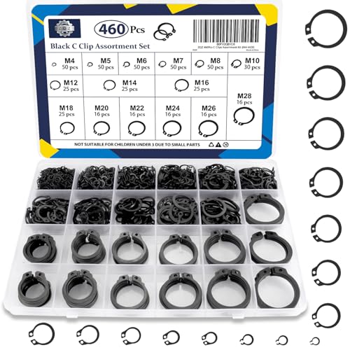 ZQZ 460Pcs C Clips Assortment Kit (M4-M28), External Retaining Rings, 15 Sizes Snap Rings Assortment Kit, Black Carbon Steel Assorted Snap Rings - color: Black, size: Black Carbon Steel 460Pcs C-clips