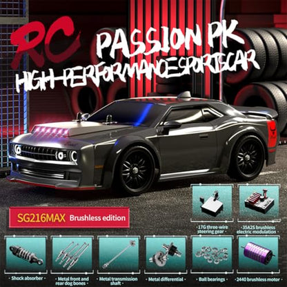 SG216 RC Drift Car, 1/16 Scale Full-Proportional 4WD High-Speed Remote Control Drift Car with 7-Mode LED Lights, Powerful Electronics, Racing Vehicle for Adults (Brushless Version/Black) - color: Black