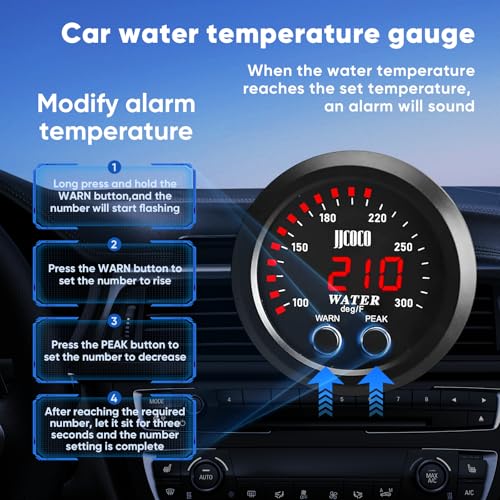 Universal 52mm Water Temperature Gauge with Alarm and 1/8 Npt Sensor Car Digital Meter Red Display Temp 100-300F(-17~187C) - color: Red, size: Joint Pipe: None