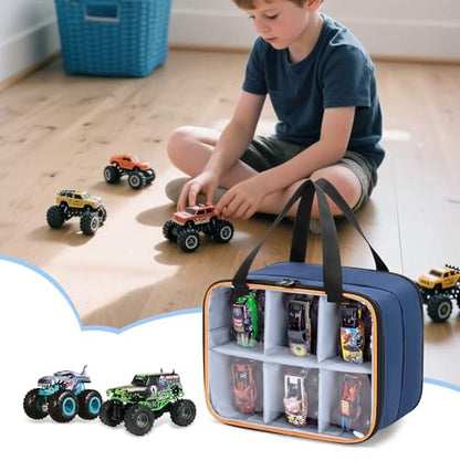 LUXJA Double Layer Toy Car Storage Bag Compatible with Hot Wheels, Blue | PVC Carrying Case for 1:64 Monster Jam Trucks, Holds Up to 14 Collectible Toy Cars