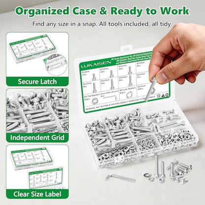 307 Pcs M5 Hex Socket Cap Screws Nuts Flat Washers Kit, 304 SS | with Flat & Spring Washers & Wrench, Heavy-Duty Metric Fasteners for Machinery & DIY, M5 x 8mm-35mm,Clear Label Storage Box - size: SS M5 307pcs 3