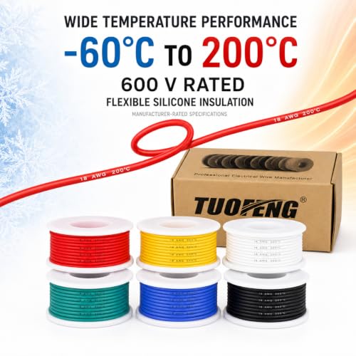 TUOFENG 18 AWG Stranded Wire, 6 Colors, 13.2 ft Each, Tinned Copper | Flexible silicone wire - size: 18 AWG Silicone Stranded Wire 6 Colors 13.2ft Each