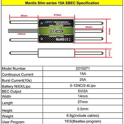 ZTW Mantis Slim Brushless ESC 15A Switch BEC with BEC ouput 2A/5V for F3P Airplane 3D Flying