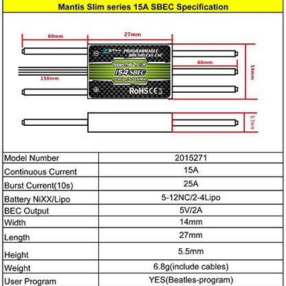 ZTW Mantis Slim Brushless ESC 15A Switch BEC with BEC ouput 2A/5V for F3P Airplane 3D Flying