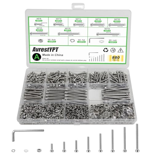 880Pcs M3 Screws Assortment, Hex Socket Head Cap Screw Bolts Nuts Washer Kit, Stainless Steel,8-Sizes M3x8/10/12/16/20/25/30/35mm Screws for 3D Printer DIY - size: M3x8/10/12/16/20/25/30/35-880Pcs