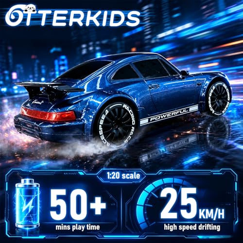 1:20 RC Drift Car, 2.4GHz 4WD 360° Fixed Point Drift for Boys | 50 min playtime with 2 batteries, 2 tire sets (drift & off-road), 3 LED lights, great gift for kids 6-12 - color: Deep Blue