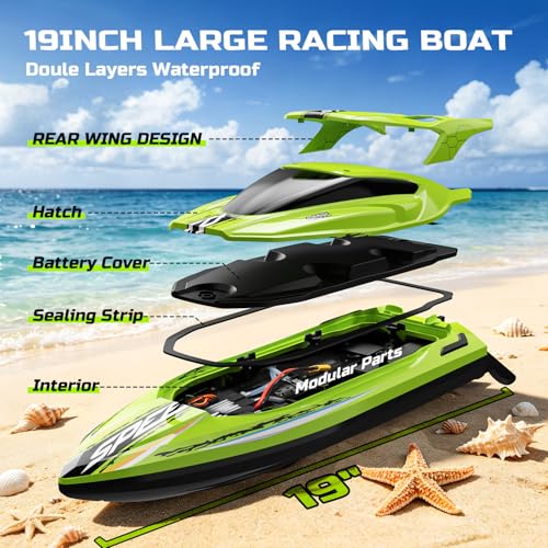 DEERC Fast Brushless RC Boat for Adults 40+KPH, 19" High Speed Racing Boat, 3S 2500mAh Li-po Battery, Self-Righting, 2.4GHz Remote Control Boat W/Lights, Dual Waterproof for Lake, Pool & Saltwater S7