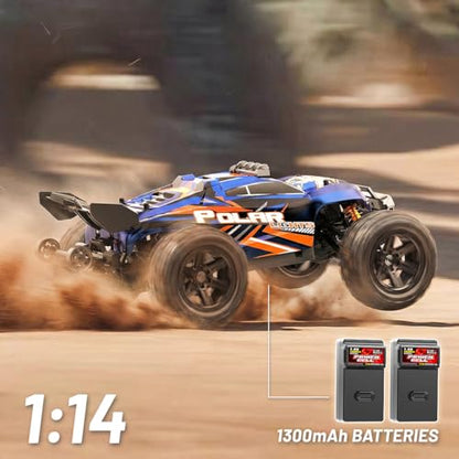 RC Cars 1:14 All Terrain Off-Road RC Truck, 4WD Fast Remote Control Car 40+ KPH, 4X4 Waterproof RC Vehicle with 2 Rechargeable 1300 mAh Batteries and 2 Sets of Tires