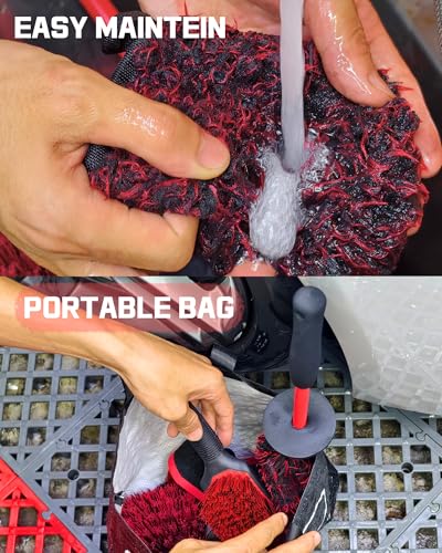 8PCS Wheel Cleaning Kit with Microfiber Brush & Rubber Grip Tire Brush, Twist Loop Drying Towel, Detailing Brush, Applicator for Car Rim and Tire Care - color: Red & Black