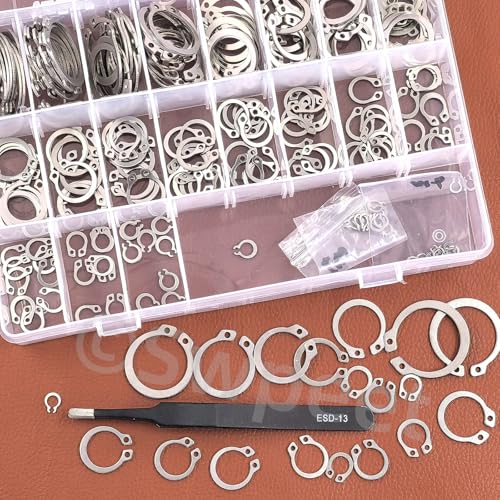 Swpeet 211Pcs 21 Sizes M4-M28mm Stainless Steel C-Clips External Circlip Snap Retaining Clip Rings with Tweezers Assortment Kit, Circlip Retainer Rings Set for Axles, Shafts and Other Moving Parts - style: 304 Stainless Steel C-Cip