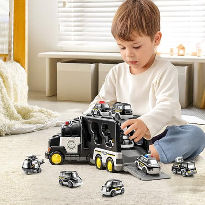JUKUDAHU Police Truck Toy for Boys 4-8 Years Old - Carrier Vehicle Toy Set | 3 Small Cars and 1 Helicopter, Kids Firction Powered Police Car Toy for Age 3-9, Sound and Light, Gifts for Boys and Girls - style: 5 IN 1 Police Truck