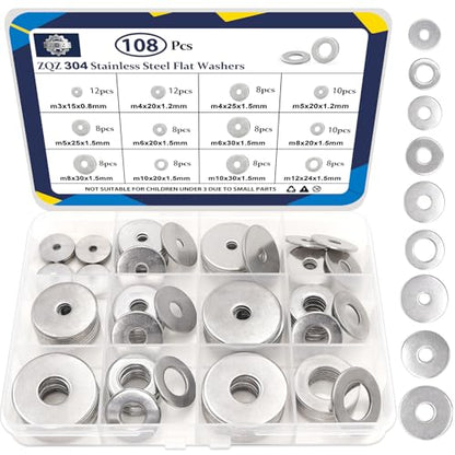 ZQZ 108Pcs Flat Washers, 304 Stainless Steel Fender Washers Assortment, 12 Different Sizes Wide Washer M3 M4 M5 M6 M8 M10 M12 Assorted Flatwashers Kit - size: 12 Sizes 108 Pieces
