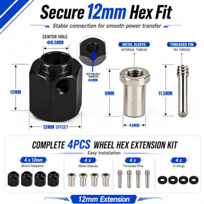4PCS 12mm Hex Hub 12mm Offset Wheel Hex Extension for Traxxas TRX4 TRX6 | CNC Metal Wheel Spacer for RC Crawlers Helps Increase Track Width and Side-Hill Stability Reduce Vibration Add Tire Clearance - color: black