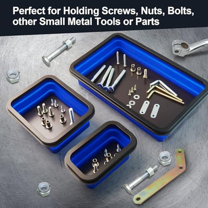 Collapsible Magnetic Parts Tray Set Foldable Magnetic Tray 3 Different Size Silicone Tool Trays for Screw, Bolts,Nuts,with Magnetic Base Stores and Organizes Small Parts and Tools | Magnetic Tray with Magnetic Base 3 Different Size Silicone Tool Trays for