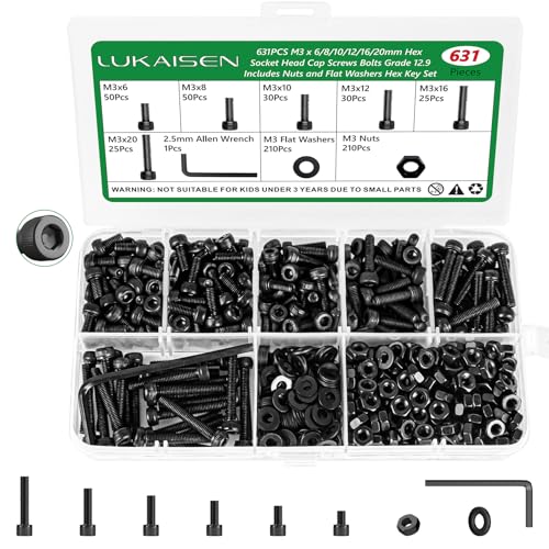631PCS M3 Hex Socket Head Cap Screws, 12.9 Alloy Steel Bolts Kit | High-Tensile, M3 x 6/8/10/12/16/20mm, With Flat Washers & Allen Wrench, Black Zinc Plated For 3D Printing,RC,DIY - size: M3 631pcs 3