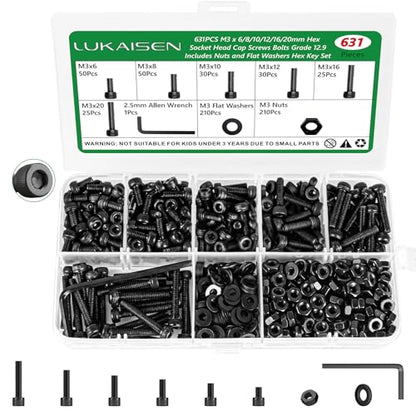 631PCS M3 Hex Socket Head Cap Screws, 12.9 Alloy Steel Bolts Kit | High-Tensile, M3 x 6/8/10/12/16/20mm, With Flat Washers & Allen Wrench, Black Zinc Plated For 3D Printing,RC,DIY - size: M3 631pcs 3