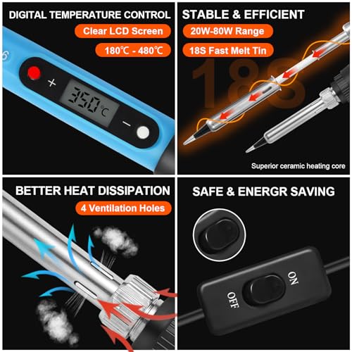FEITA Soldering Iron Kit for Electronics, 14 in 1 Welding Tools Kit with Switch 80W LCD Adjustable Temperature Solder Iron, 2 Solder Wire, Flux, 5 Soldering Tips, Desoldering Pump, Stand, Tweezers - color: 80w 14in1