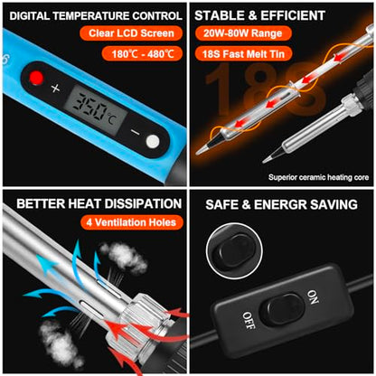 FEITA Soldering Iron Kit for Electronics, 14 in 1 Welding Tools Kit with Switch 80W LCD Adjustable Temperature Solder Iron, 2 Solder Wire, Flux, 5 Soldering Tips, Desoldering Pump, Stand, Tweezers - color: 80w 14in1