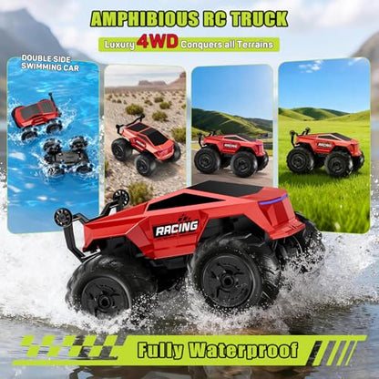 Remote Control Car RC Truck 1:16 Plus, 4WD Waterproof Amphibious RC Car All Terrain Pickup,2.4GHz Remote Monster Truck with 360° Rotating Standing Stunt Toy Car for Kids Boy Girl 4-7 8-12 Ages,Red - color: Red