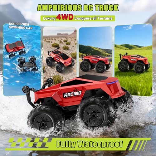 Remote Control Car RC Truck 1:16 Plus, 4WD Waterproof Amphibious RC Car All Terrain Pickup,2.4GHz Remote Monster Truck with 360° Rotating Standing Stunt Toy Car for Kids Boy Girl 4-7 8-12 Ages,Red - color: Red