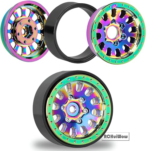 1.3 Beadlock Wheels 1.3 Beadlock Tires 1.3" RC Wheel and Tires Set for 1/18 TRX4M 1/24 SCX24 RC Crawler Car,Alloy Aluminium 1.3 RC Wheel Rims Super Large Soft Tires,4pcs,Rainbow - color: Rainbow(4pcs)