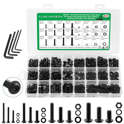 860PCS Screw Assortment Kit, M2-M5 10.9 Alloy Steel Hex Button Cap Bolts | High-Tensile,M2 M3 M4 M5, Hex Button Head Cap Bolts & Nuts Kit, With Lock & Flat Washer & Wrench, For 3D Printing,DIY, Home - size: M2 M3 M4 M5 860pcs 2