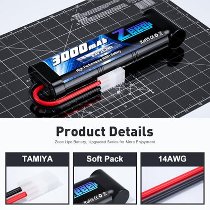 Zeee 8.4V 3000mAh NiMH Battery with Tamiya Plug (2 Pack) | High Power RC Battery for RC Car LOSI Associated HPI Tamiya Kyosho