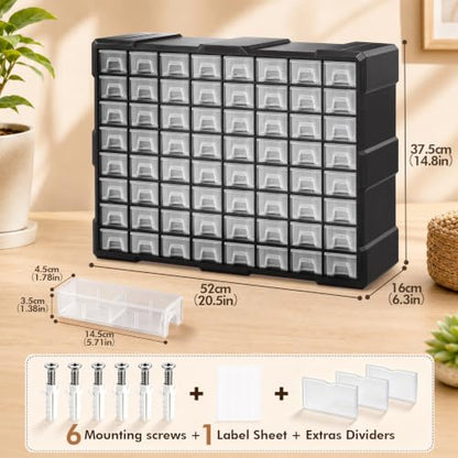 64-Drawer Organizer for Garage Building Bricks Storage,𝐓𝐡𝐢𝐜𝐤𝐞𝐫 Drawer Storage Cabinet with Dividers and Labels for Hardware,Screws,Nuts Bolts, Garage Tools,Charms,Beads,Craft,Scrapbook - size: 64 Drawer