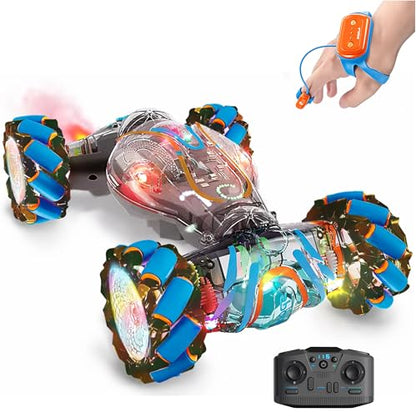 Gesture Control RC Car for Kids – Transparent Colorful Twist Drift Stunt Car, Hand Gesture Sensor, 4WD Double-Sided Car, 360° Spins & Flips, LED Lights, Spray Exhaust, All-Terrain Toy Boys 6-12