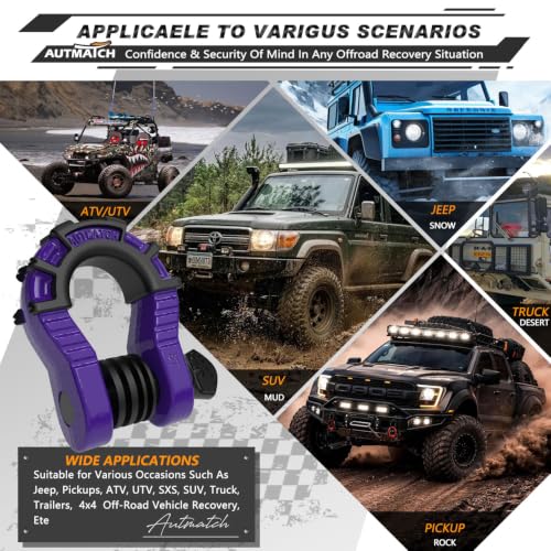 AUTMATCH D Ring Shackles 3/4" Mega Shackle (2 Pack) 68,000Ibs Break Strength - Heavy Duty Clevis Shackles with 7/8" Screw Pin and Isolator Washer for Tow Strap Winch Off Road Vehicle Recovery, Purple - color: Purple & Black