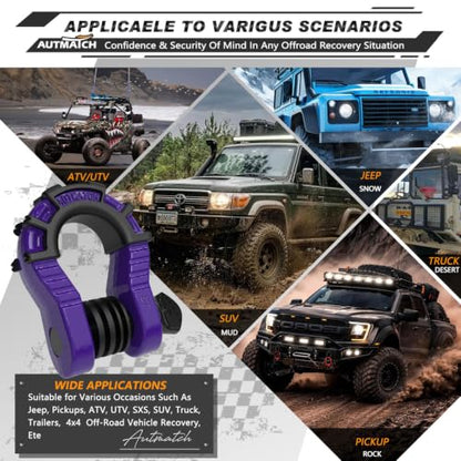 AUTMATCH D Ring Shackles 3/4" Mega Shackle (2 Pack) 68,000Ibs Break Strength - Heavy Duty Clevis Shackles with 7/8" Screw Pin and Isolator Washer for Tow Strap Winch Off Road Vehicle Recovery, Purple - color: Purple & Black