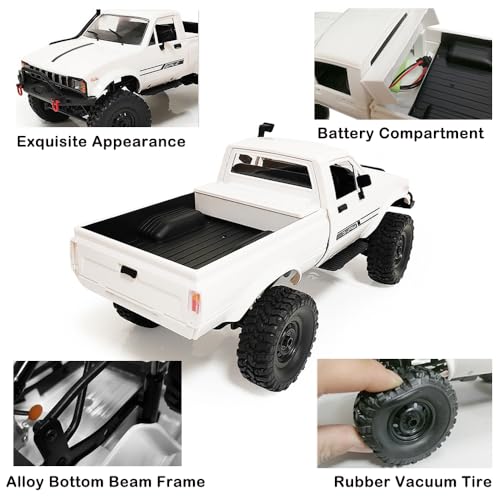 RC Truck 1/16 RC Rock Crawler, WPL C24 4x4 RC Pickup Truck, 2.4GHz Remote Control Car, All Terrain Off Road RC Climbing Car with Headlights and 2 Batteries for Adults (White) - color: White