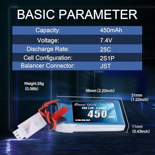 Gens ace 7.4V 450mAh 2S LiPo Battery Pack 25C/50C with JST Plug(2 Pcs)