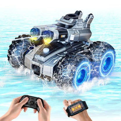 Remote Control Car, Amphibious Monster Truck Toys, RC Boat with Water Gun, Gesture Sensing RC Stunt Car for 120 Mins Play, Remote Control Boat for Kids 6 7 8 9 10 11 12+ Year Birthday
