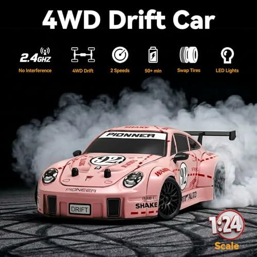 1:24 4WD RC Drift Car Dual Batteries - Pink | 2.4GHz, LED, 2 tire sets, 2 speeds, 25-30min per battery, USB charge, cones+tool, PC shell, great for indoor play & gift - color: Pink