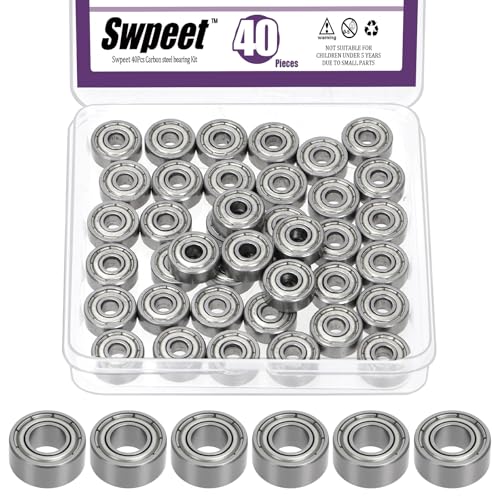 Swpeet 40Pcs 624ZZ Ball Bearings Assortment Kit, 4 x 13 x 5mm Carbon Steel Deep Groove Bearings, Miniature Bearings, Double Shielded - size: 624ZZ-40PCS, style: Carbon Steel