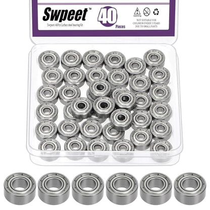 Swpeet 40Pcs 624ZZ Ball Bearings Assortment Kit, 4 x 13 x 5mm Carbon Steel Deep Groove Bearings, Miniature Bearings, Double Shielded - size: 624ZZ-40PCS, style: Carbon Steel