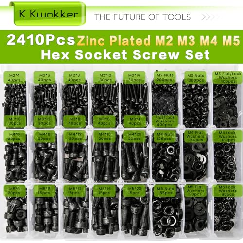 M2 M3 M4 M5 Hex Socket Bolt & Nut Assortment Kit, 2410Pcs | 12.9 Alloy Steel, Zinc Plated Anti-rust; 20 Sizes Metric Screws with Lock Washers; For 3D Printing DIY Machinery Repair - size: K. M2 M3 M4 M5