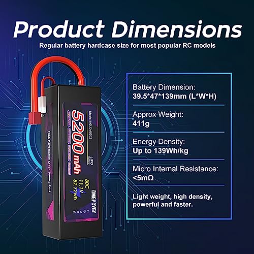 11.1V Lipo Battery 3S 5200mAh 80C Lipos Hard Case with T Connector for RC Car Trucks 1/8 1/10 RC Vehicles(2 Packs) - color: T-2