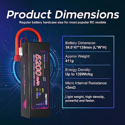 11.1V Lipo Battery 3S 5200mAh 80C Lipos Hard Case with T Connector for RC Car Trucks 1/8 1/10 RC Vehicles(2 Packs) - color: T-2