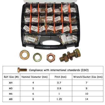 1008PCS Metric Bolt Assortment - Heavy Duty Grade 8.8 M4 M5 M6 M8 Metric Bolts and Nuts Assortment, Nut and Bolt Assortment Kit, Bolts and Nuts Kit (12-40mm), Yellow Zinc Plated, Corrosion Resistant