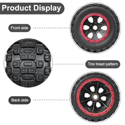 LRFHL 1/5 RC Monster Truck Tires 4PCS, Red | 24mm Hex Wheels MX43 RC Tires for Traxxas 1/5 X-MAXX 8S Arrma 1/5 Kraton 8S 1/5 Outcast 8S - color: Red