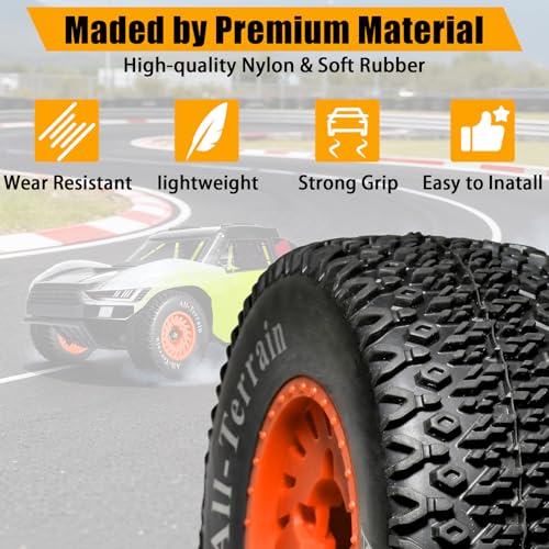 1/10 RC Short Course Truck Tire and Wheel- 12mm/17mm Hex, Orange | All-Terrain Tires and Nylon Wheels Compatible with 1/10 Traxxas Slash 4WD 2WD Arrma Senton Axial Losi Redcat RC Buggy, 4-Pack - color: Orange