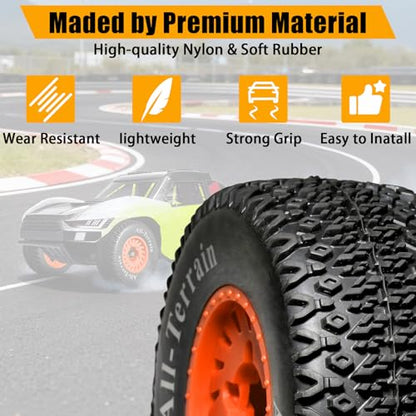 1/10 RC Short Course Truck Tire and Wheel- 12mm/17mm Hex, Orange | All-Terrain Tires and Nylon Wheels Compatible with 1/10 Traxxas Slash 4WD 2WD Arrma Senton Axial Losi Redcat RC Buggy, 4-Pack - color: Orange