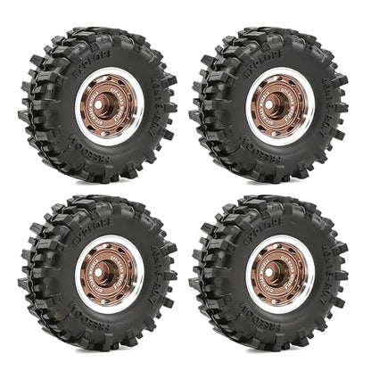 0.7” Wheel & Mud Terrain Tire Set for 1/30 RC Crawler, -1.00mm Offset, Axial SCX30 & Redcat Ascent-32, CNC Aluminum Rims, 5mm Hex, Shims Screwdriver Included, Pre-Assembled, 4 pcs, Brown - color: Brown, size: Loose-dirt-mud-bite