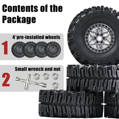 2.2 RC Crawler Tires Wheels Set, Mud Terrain Tires with Aluminum Beadlock Rims Brake Discs, 12mm Hex 5.5mm Positive Offset for Axial SCX10 SCX10 II III Pro Traxxas TRX4 TRX6 Redcat Gen8 VS4-10 - color: Titanium